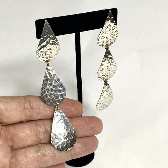 Hammered 925 Sterling Silver Teardrop Earrings Boho Dangle Jewelry - Picture 2 of 5